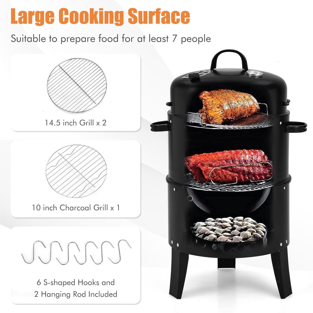 3-in-1 charcoal BBQ grill with 14.5-inch cooking grills, built-in thermometer, and vertical design for versatile.