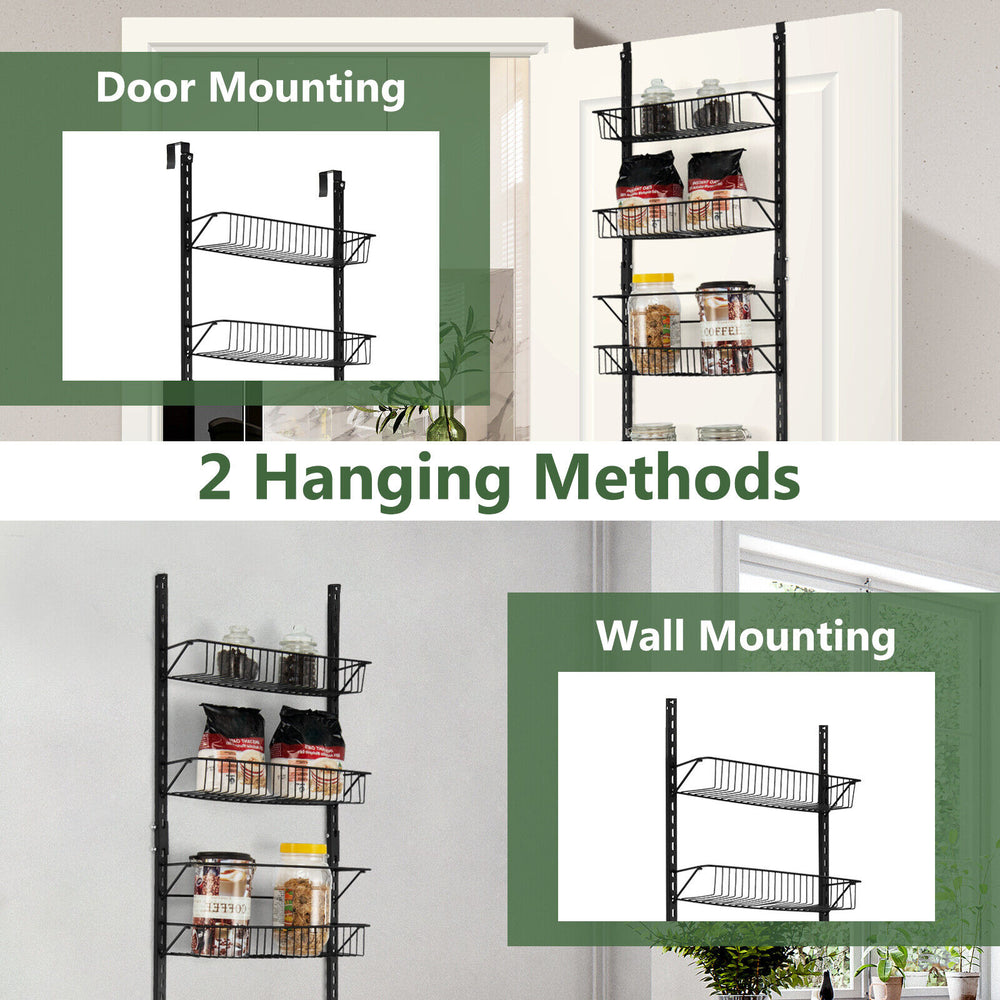 Over the Door Pantry Organizer Rack with 6 baskets, featuring adjustable hooks for door or wall mounting.