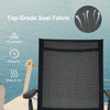 Close-up of the breathable seat fabric of a black foldable chaise lounge chair, ideal for outdoor relaxation.