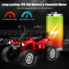 Red 12V kids ride-on ATV with oversized wheels, headlights, and MP3 interface for outdoor fun and realistic driving.