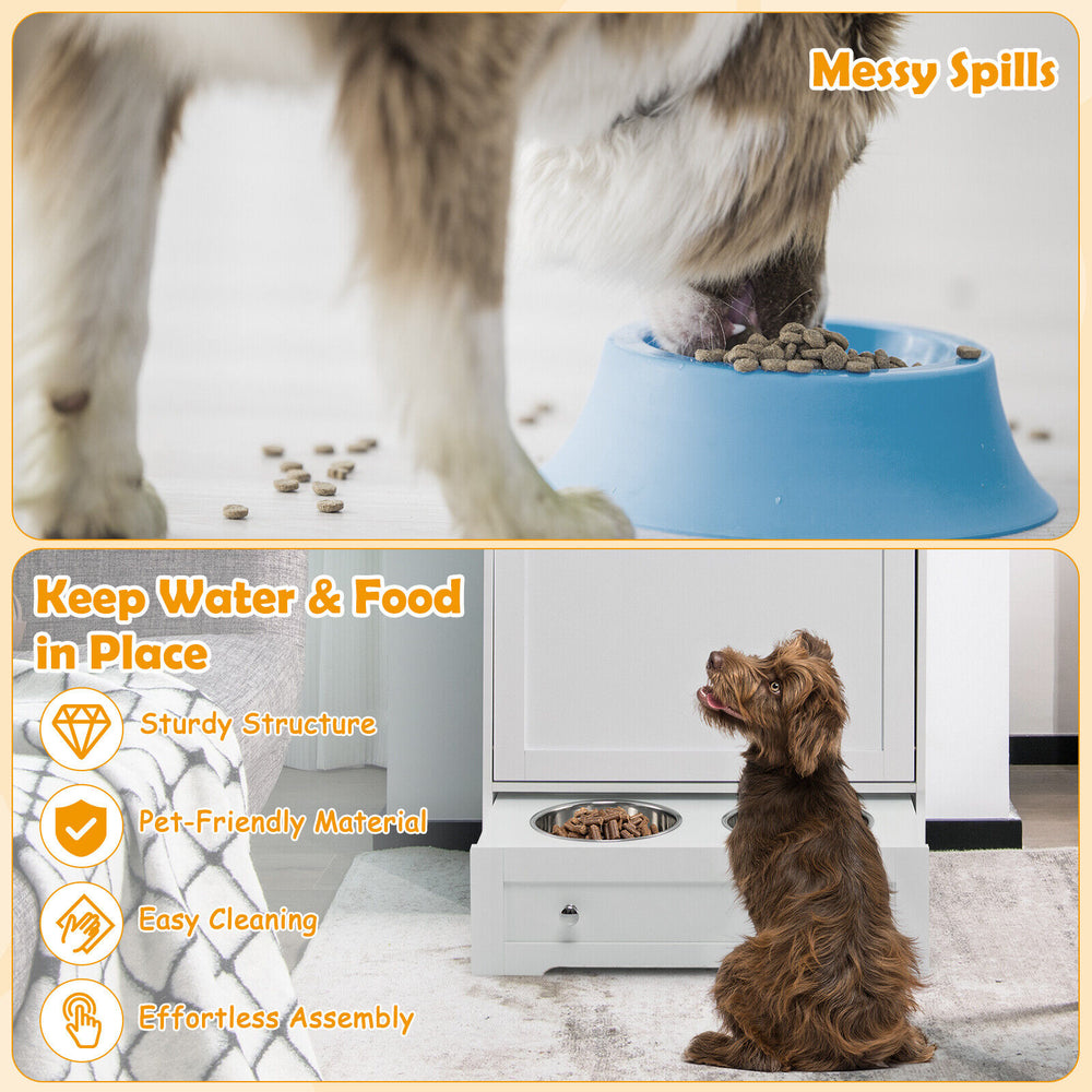 Pet feeder station with stainless steel bowls and storage cabinet, designed for easy feeding and organization of pet.