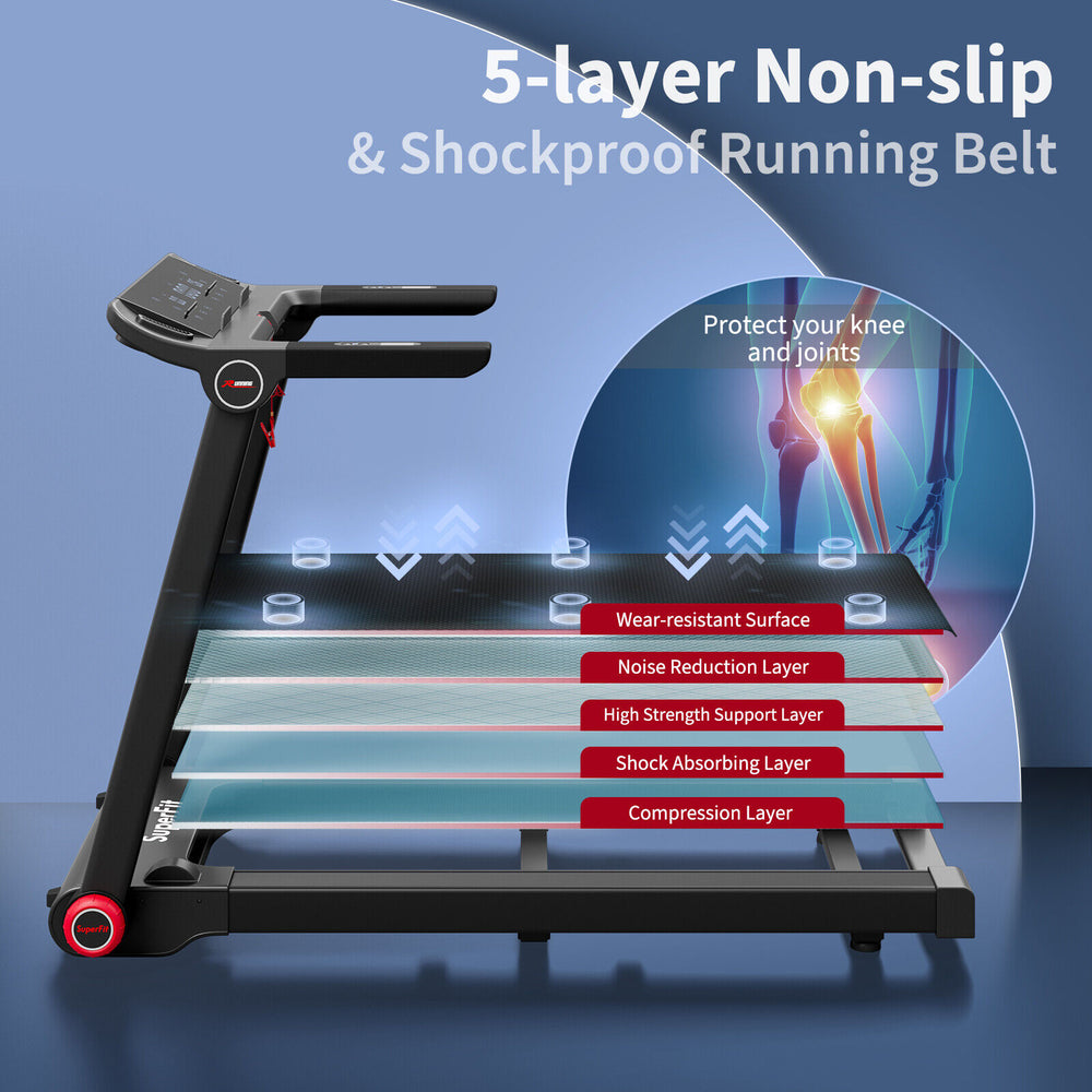 Close-up of the 5-layer anti-slip and shockproof running belt of the 3.75HP folding treadmill for enhanced safety and.