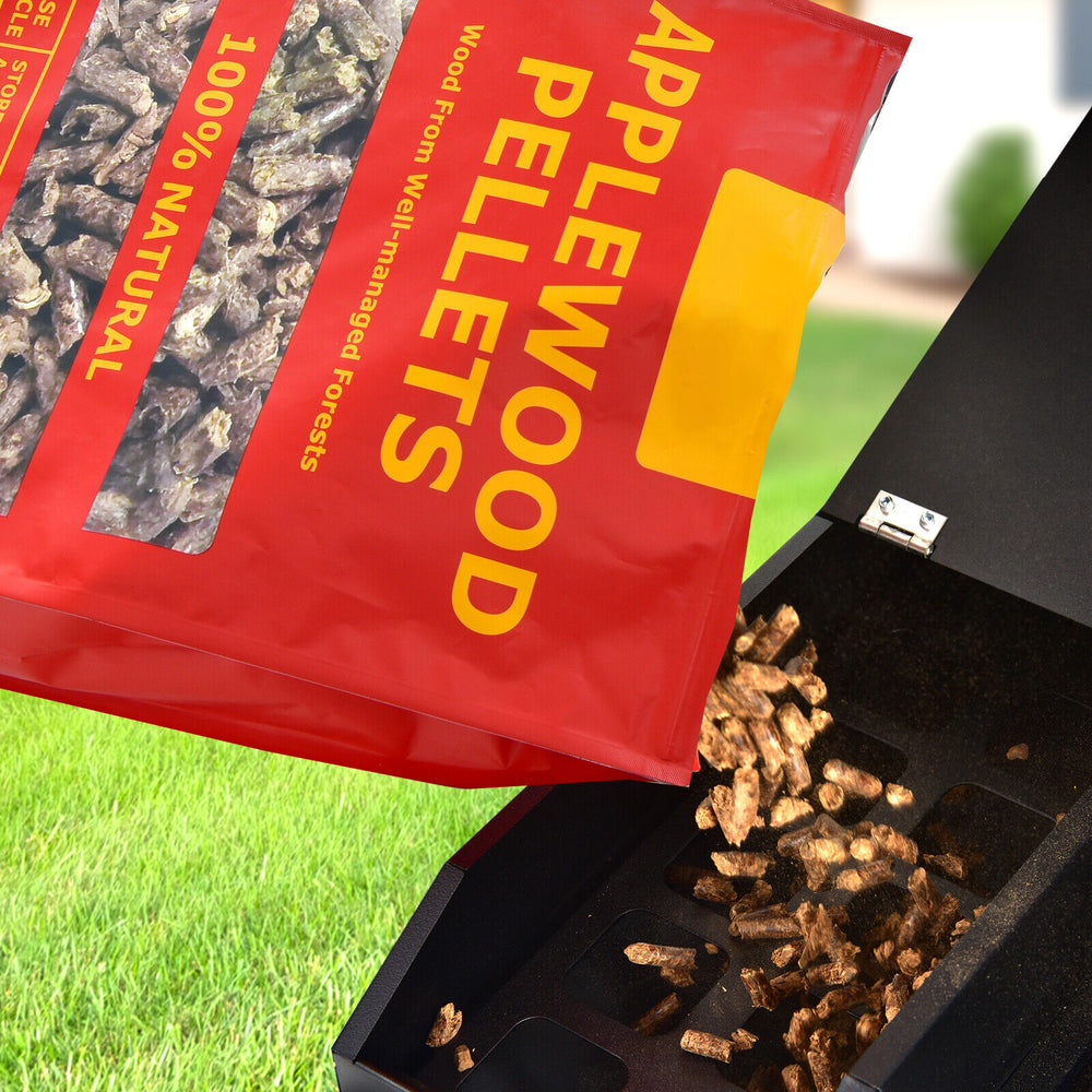 Apple wood pellets in a sealed bag, 100% natural for pellet grills, ideal for adding fruity flavor to grilled foods.