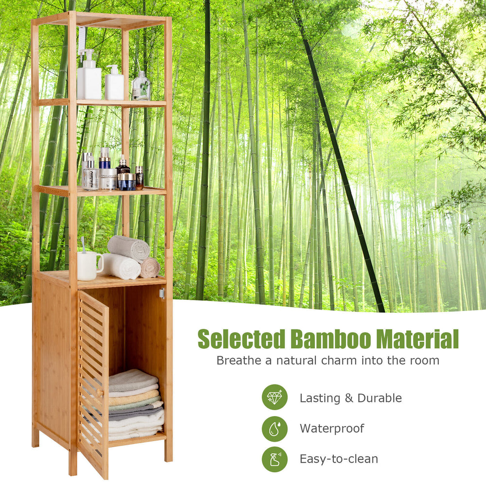4-tier slim bamboo floor storage cabinet with shutter door, waterproof and easy-to-clean, ideal for compact spaces.