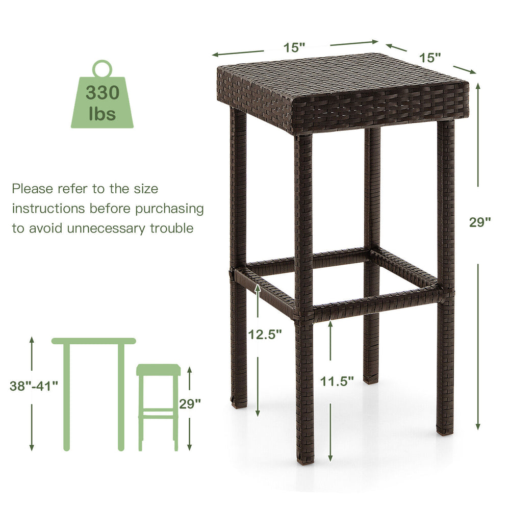 Brown patio rattan wicker bar stool with footrest, 29 inches tall, suitable for outdoor use and durable against the.
