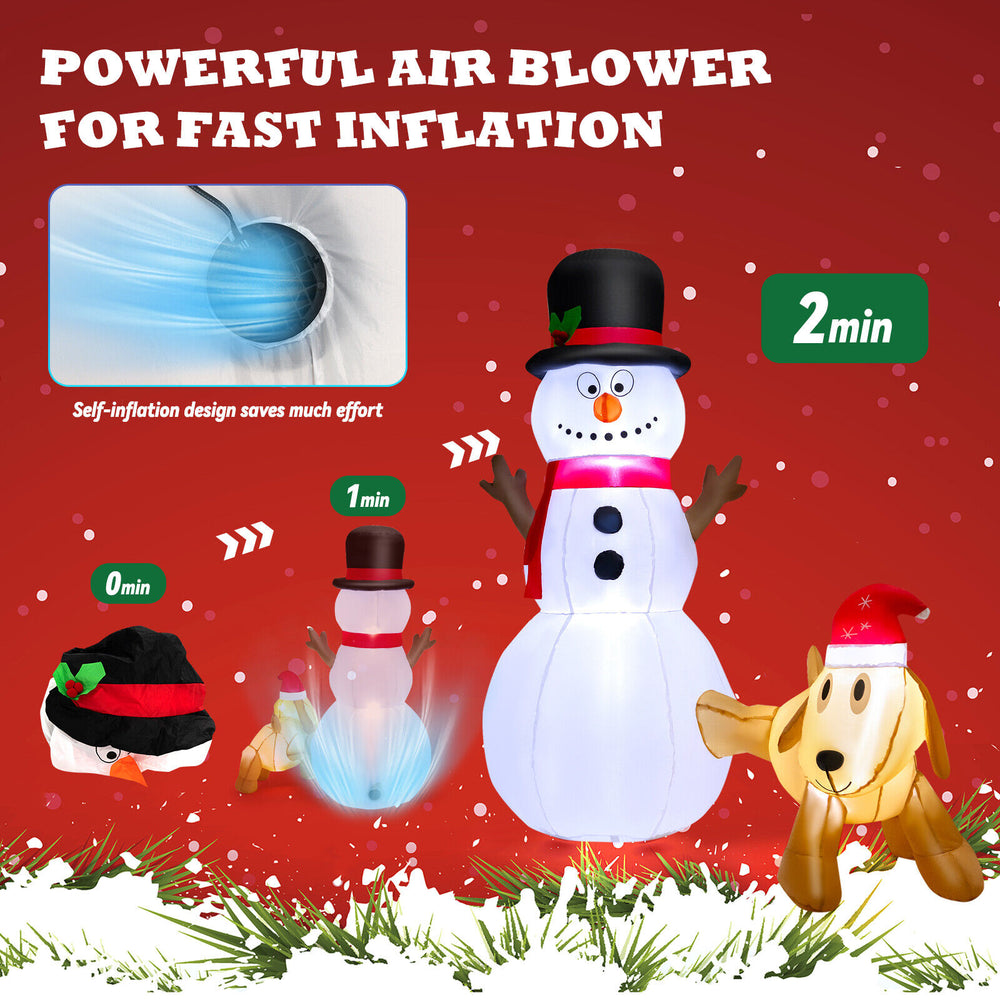 6-foot inflatable snowman and dog set with LED lights, designed for quick 2-minute inflation, perfect for outdoor.