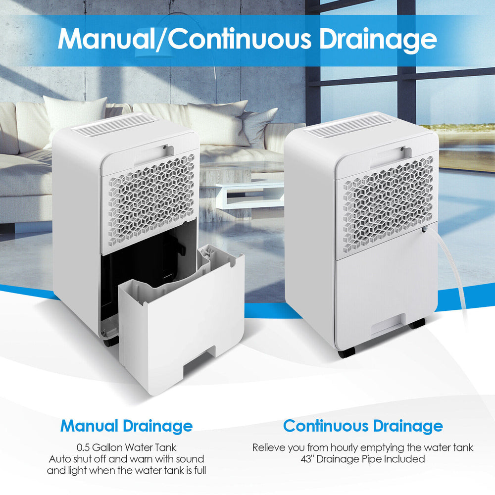 Dehumidifier with manual and continuous drainage options, 32 pints capacity, ideal for rooms up to 2000 sq.ft.