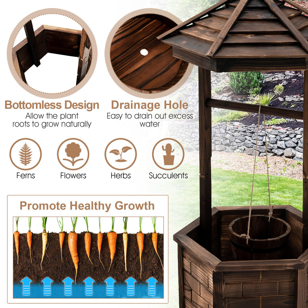 Rustic wooden wishing well planter featuring a hexagonal base, adjustable bucket, and drainage hole for healthy plant.