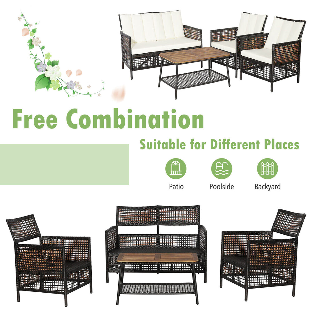 4-piece patio rattan furniture set with white cushions, featuring a coffee table and ergonomic design for outdoor.