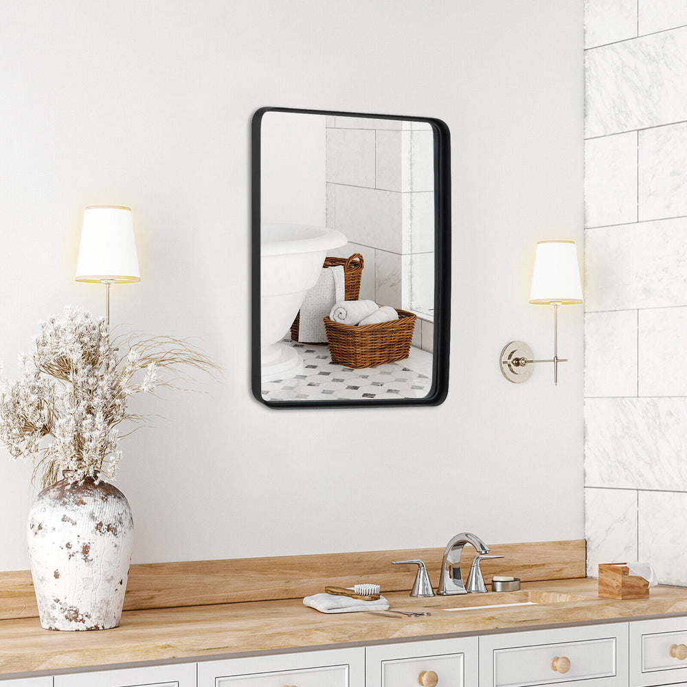Rectangular wall mount bathroom mirror with rust-resistant steel frame, ideal for vanity use or room decoration.