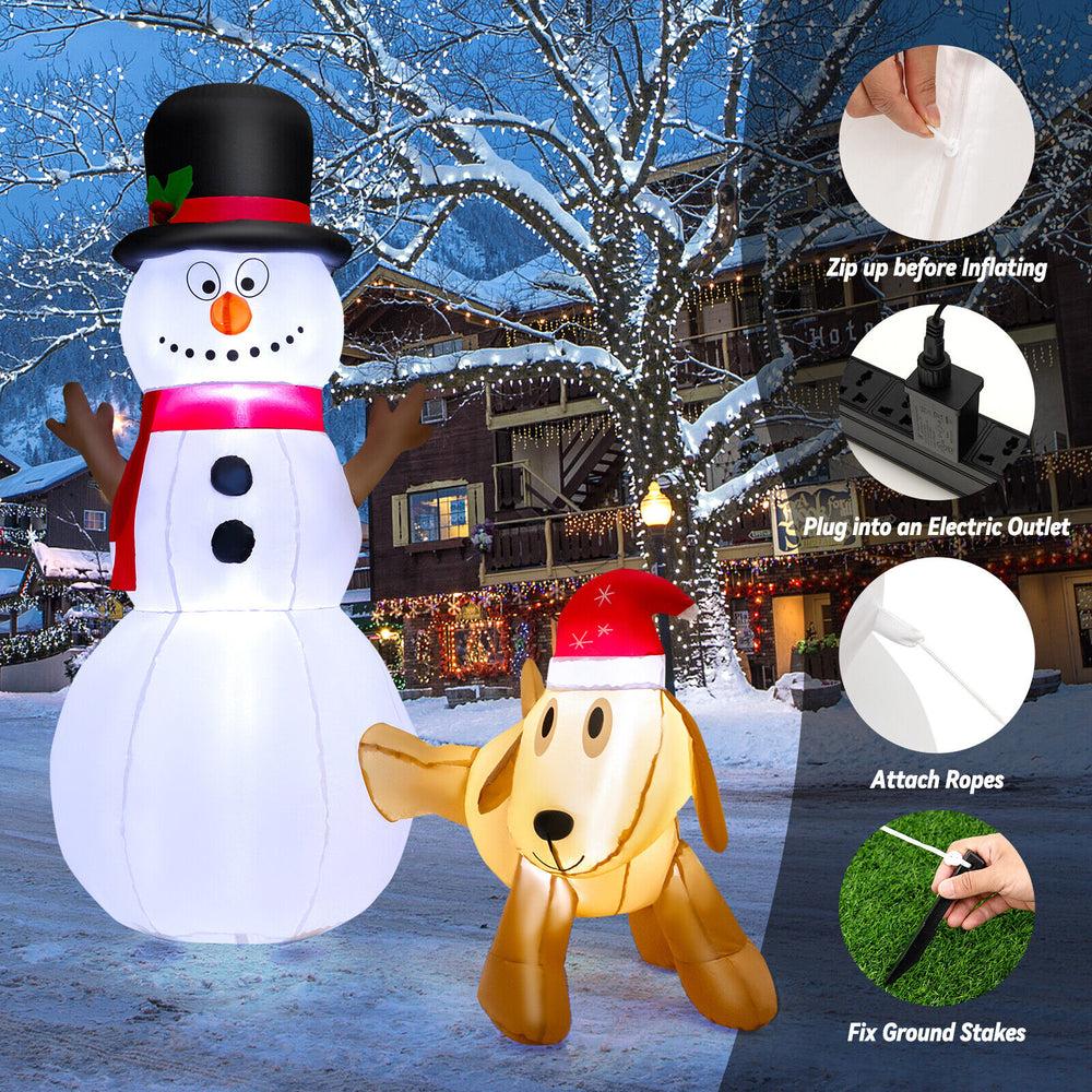 6-foot tall inflatable snowman and dog set with LED lights, perfect for festive outdoor holiday decoration.