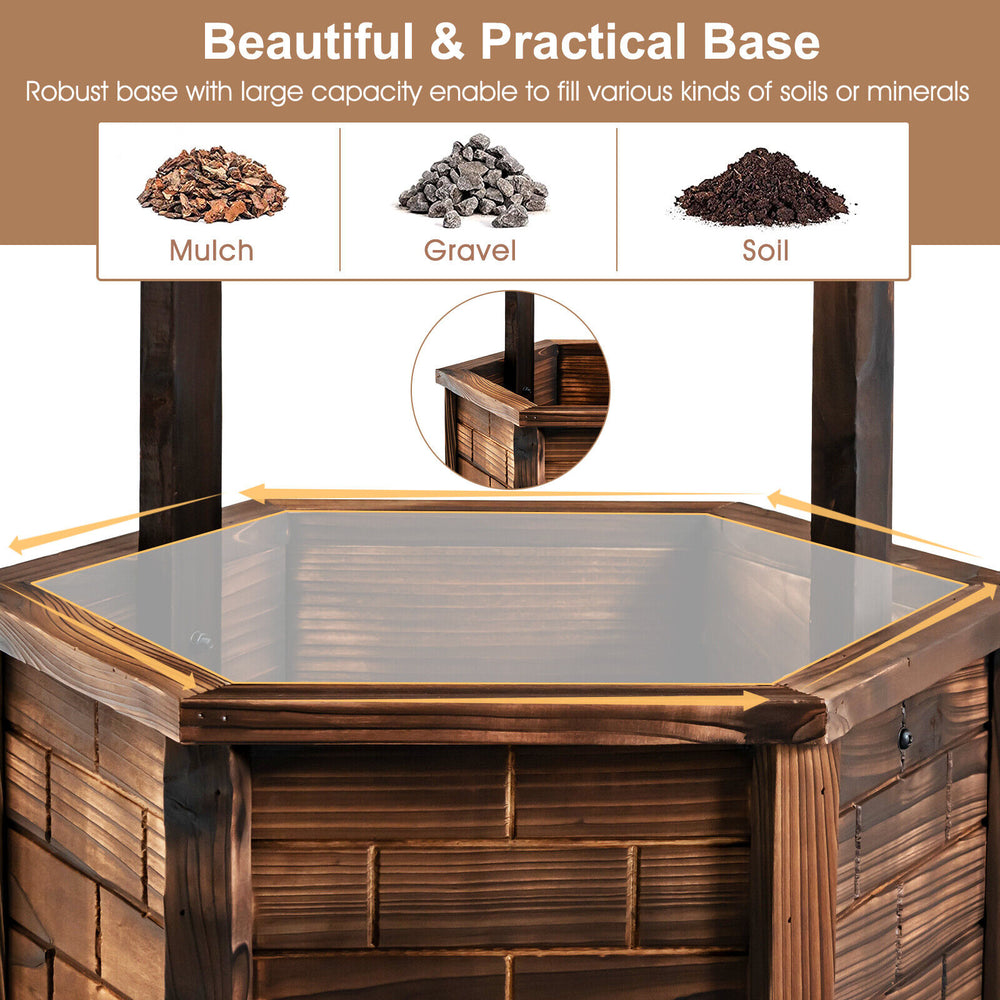 Rustic wooden wishing well planter with hexagonal base, adjustable bucket, and sturdy poles for climbing plants.