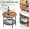 Round side table with solid acacia wood tabletop and rattan base, perfect for outdoor storage and relaxation.
