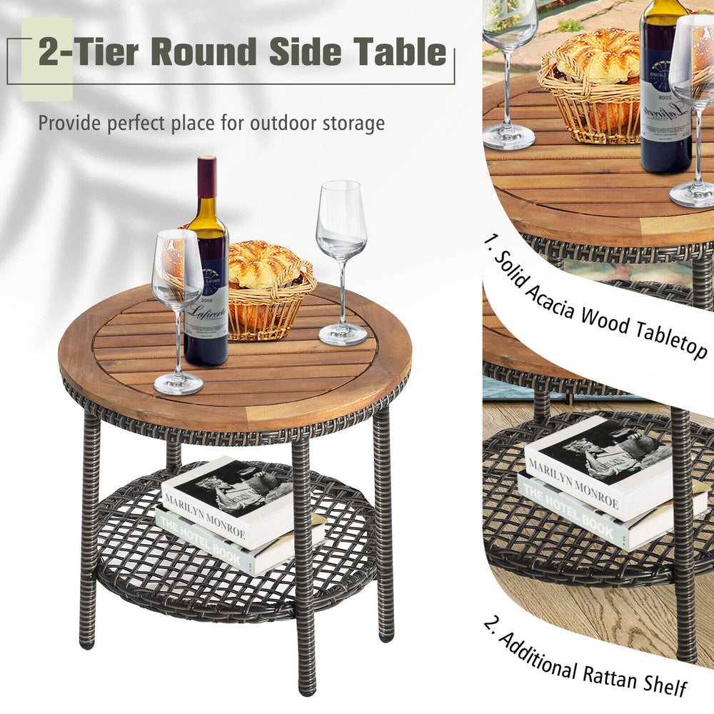Round side table with solid acacia wood tabletop and rattan base, perfect for outdoor storage and relaxation.
