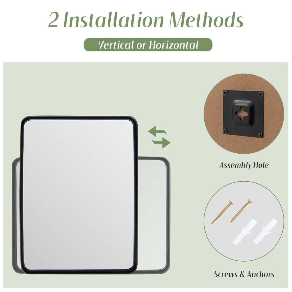 Rectangular wall mount bathroom mirror with rust-resistant steel frame, suitable for vertical or horizontal.