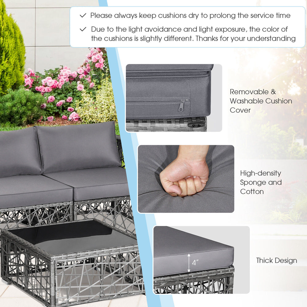 Gray 5-piece patio PE rattan wicker sofa set with removable cushions, ideal for outdoor relaxation and comfort.