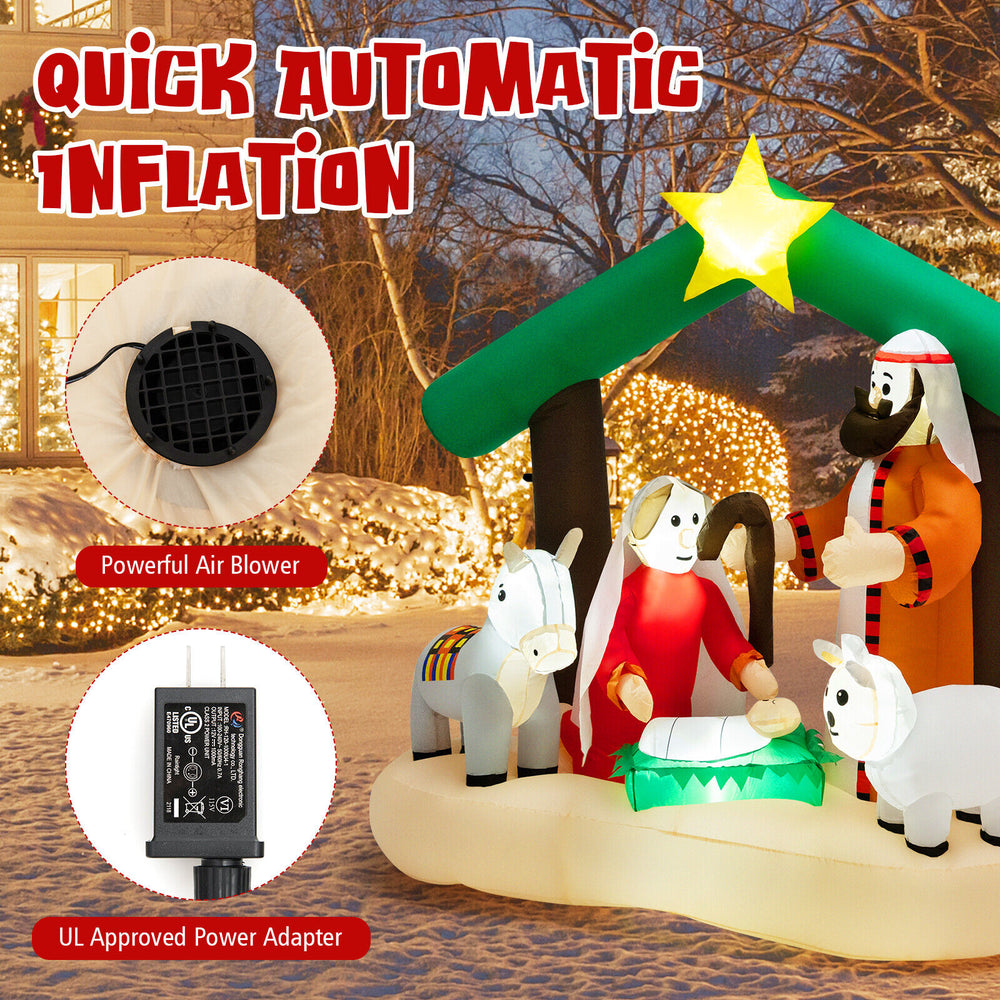 6.7 feet Christmas inflatable nativity scene with LED lights and automatic inflation, perfect for outdoor holiday.