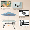 7-piece patio dining set featuring a tempered glass table, 6 stackable chairs, and a built-in 1.5" umbrella hole for.