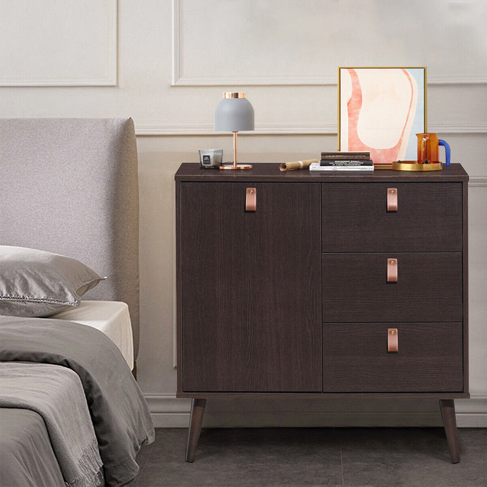 3-drawer sideboard storage cabinet in brown with leather handles, perfect for living room or bedroom organization.