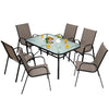 Six stackable patio dining chairs with curved armrests and breathable fabric, perfect for outdoor dining and relaxation.