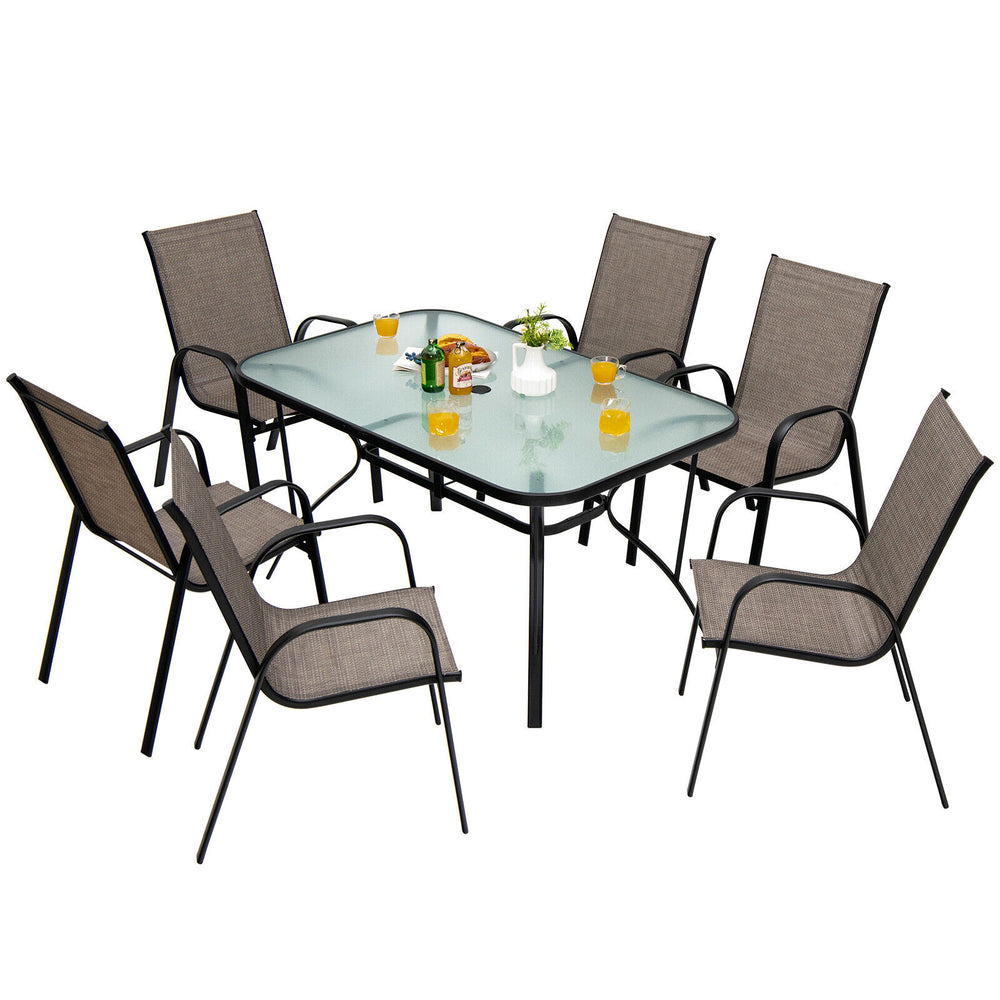Six stackable patio dining chairs with curved armrests and breathable fabric, perfect for outdoor dining and relaxation.