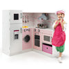 Corner play kitchen toy set in pink with sound and light features, includes stainless steel cookware and storage.