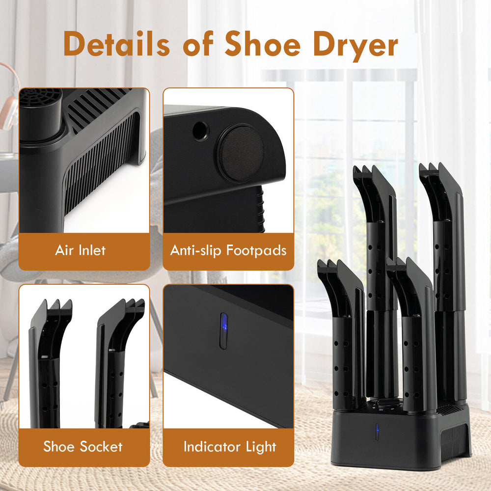 4-tube electric shoe dryer with anti-slip footpads, timer, and indicator light for efficient drying of shoes and.
