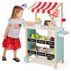 Kids wooden ice cream cart in red with chalkboard, featuring toy fruits and storage shelves for imaginative play.