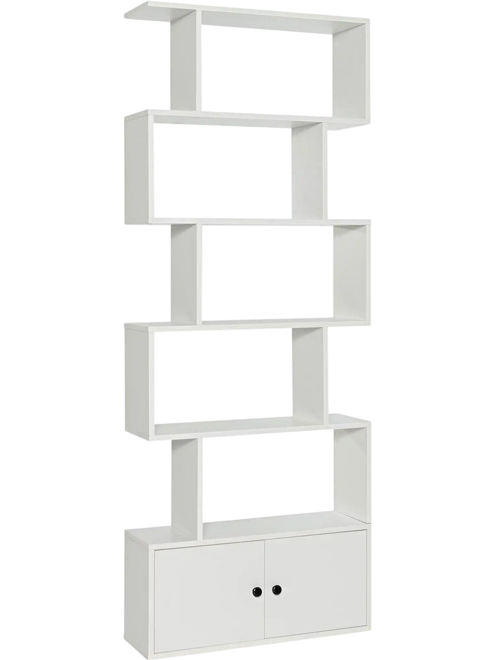 S-shaped 6-tier freestanding bookshelf in white with a closed cabinet, ideal for living rooms and home offices.