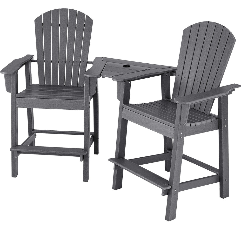 Side view of a single gray HDPE tall Adirondack chair with ergonomic design and middle connecting tray, ideal for.