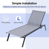 Outdoor adjustable chaise lounge chair with a lay flat position, featuring a sturdy steel frame and quick-drying fabric.