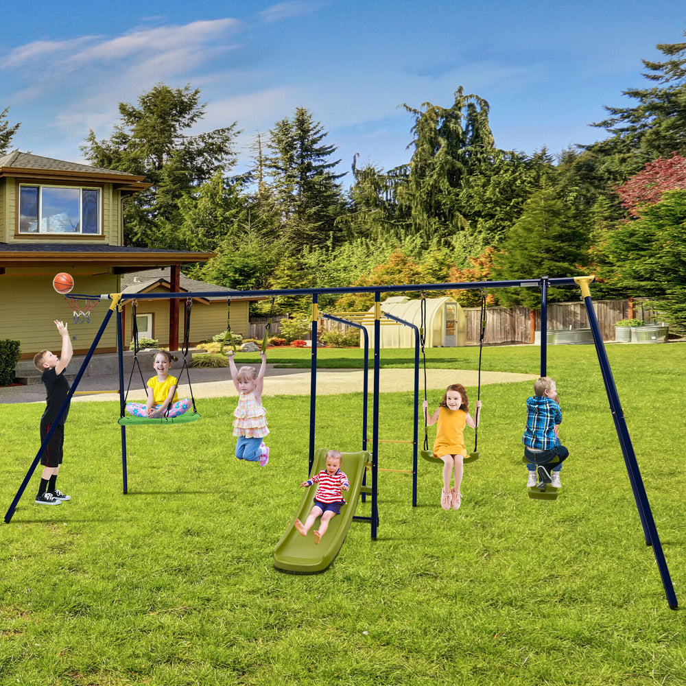 A-shaped outdoor swing set featuring swings, slide, and gym rings, ideal for backyard fun for kids aged 3-10 years.