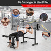 Adjustable weight bench and barbell rack set with foam padding for comfortable full body workouts at home gym.