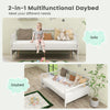 Wooden full-size daybed frame in white, shown as a sofa and daybed, featuring guardrails and ample under-bed storage.