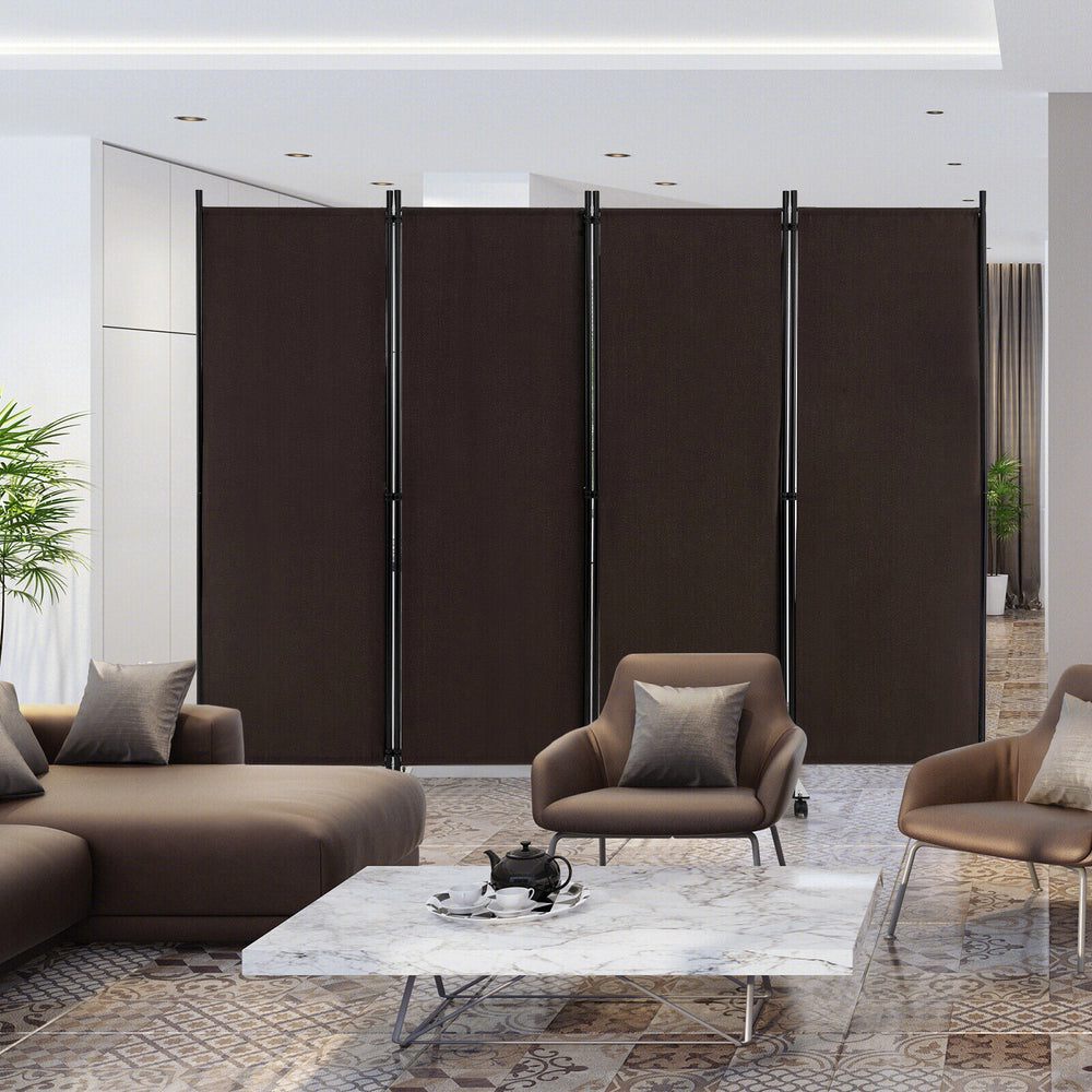 4-Panel Folding Room Divider 6 Feet Rolling Privacy Screen with Lockable Wheels-Brown - Gallery View 1 of 9