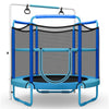 5ft kids trampoline in blue with enclosure net, adjustable horizontal bar, and cat-shaped gymnastic rings for safe fun.