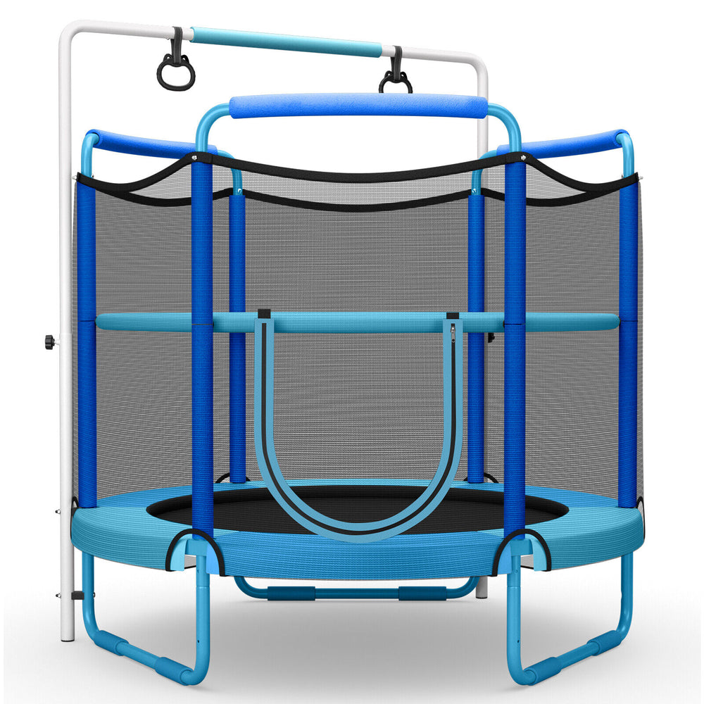 5ft kids trampoline in blue with enclosure net, adjustable horizontal bar, and cat-shaped gymnastic rings for safe fun.