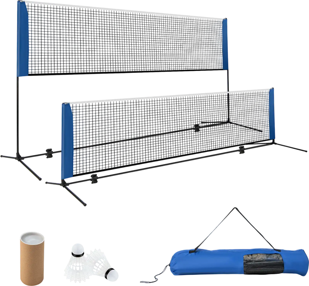 10-foot adjustable badminton net stand with sturdy connections and nonslip footpads, perfect for versatile sports.