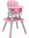 Convertible baby high chair in pink with adjustable tray, removable cushion, and stable pyramid structure for versatile.