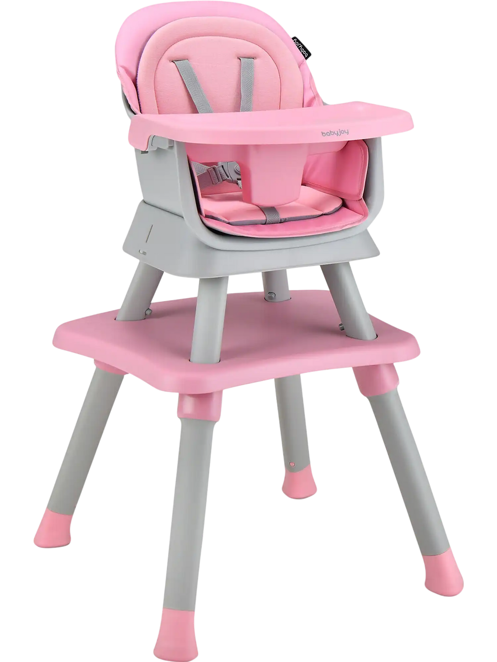 Convertible baby high chair in pink with adjustable tray, removable cushion, and stable pyramid structure for versatile.