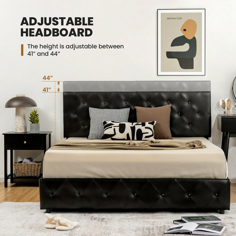 Full/Queen PU leather upholstered platform bed with adjustable headboard height and four storage drawers for extra.