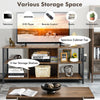 Mid-century wooden TV stand in rustic brown with 3-tier shelves and storage basket, ideal for TVs up to 65 inches.