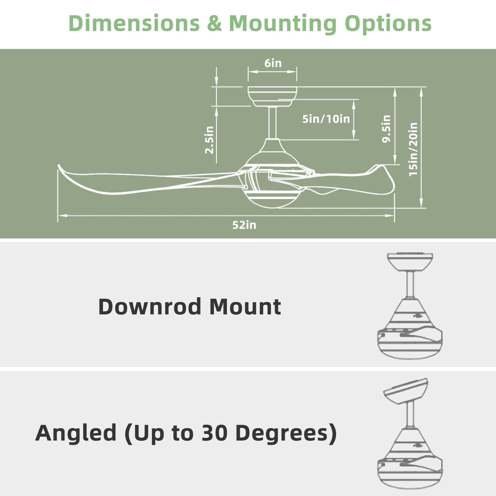 Dimensions and mounting options for the 52-inch ceiling fan with light and reversible DC motor, suitable for various.