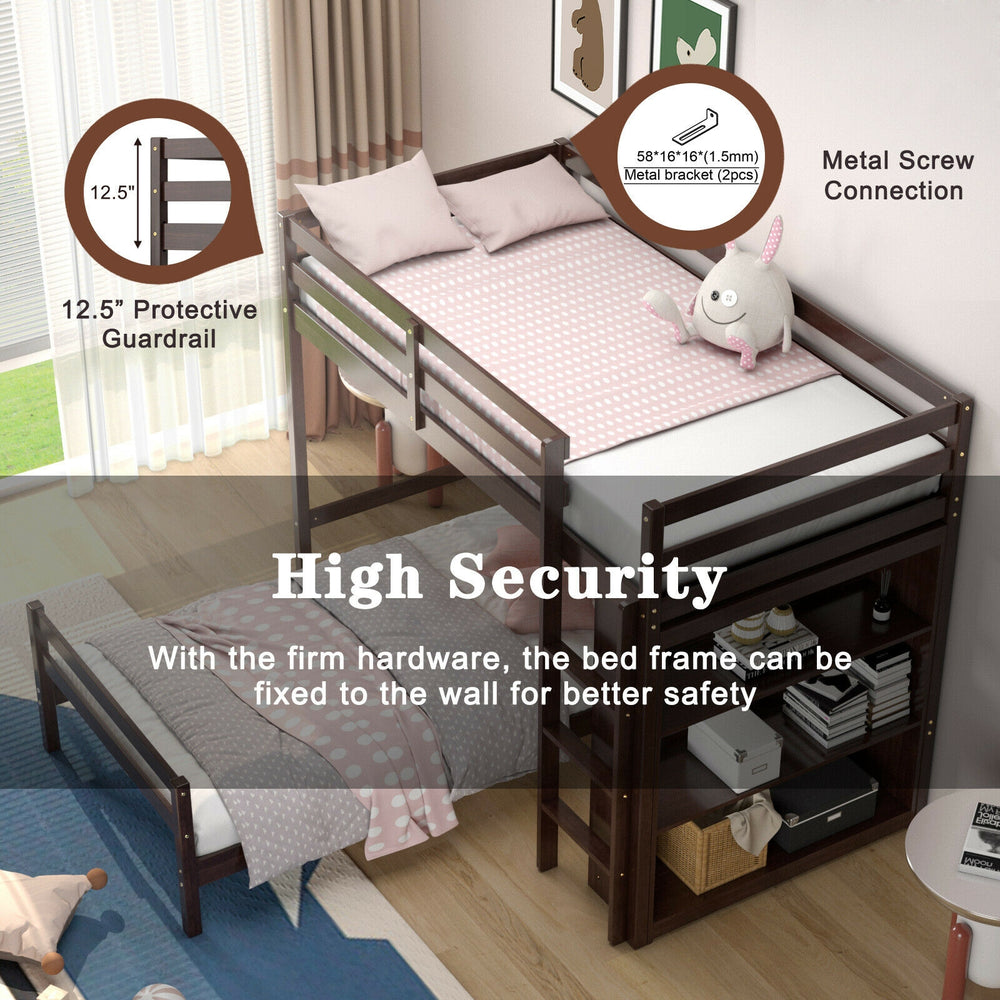 Twin over twin loft bunk bed in dark brown with 12.5" guardrail and 4-layer bookcase for space-saving storage.