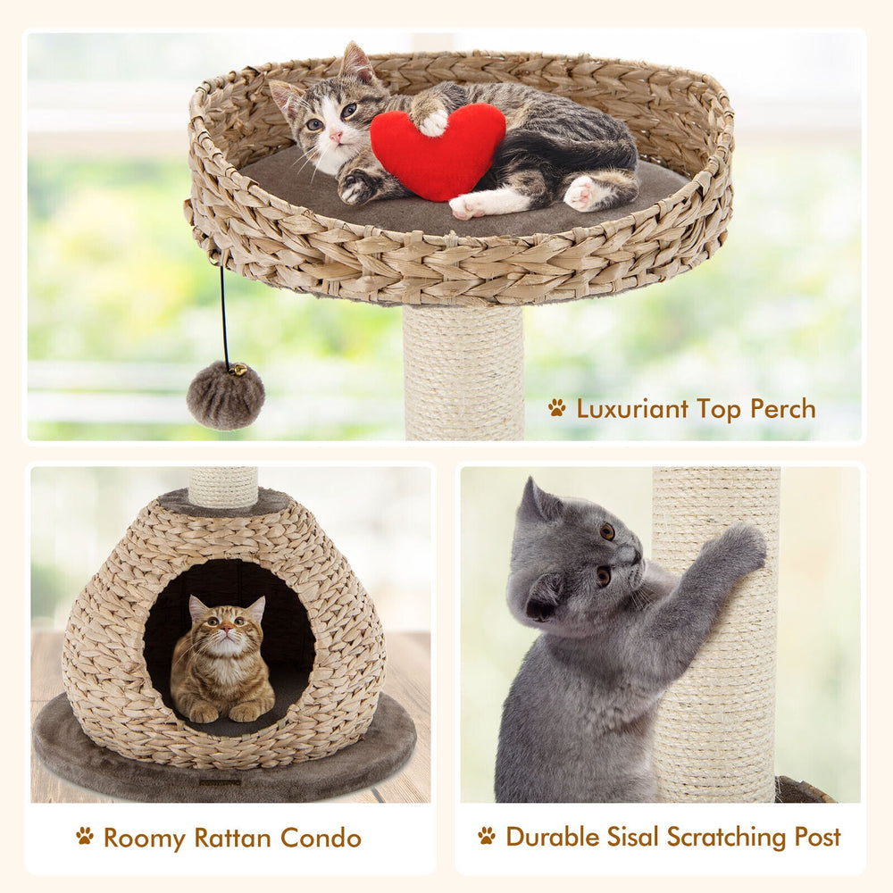 Luxuriant top perch of the 28-inch hand-made cat tree tower, featuring soft cushions and a playful fuzzy ball.