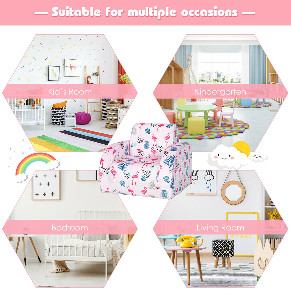 Convertible kid sofa bed in pink with flamingo pattern, perfect for playrooms, bedrooms, and living rooms.