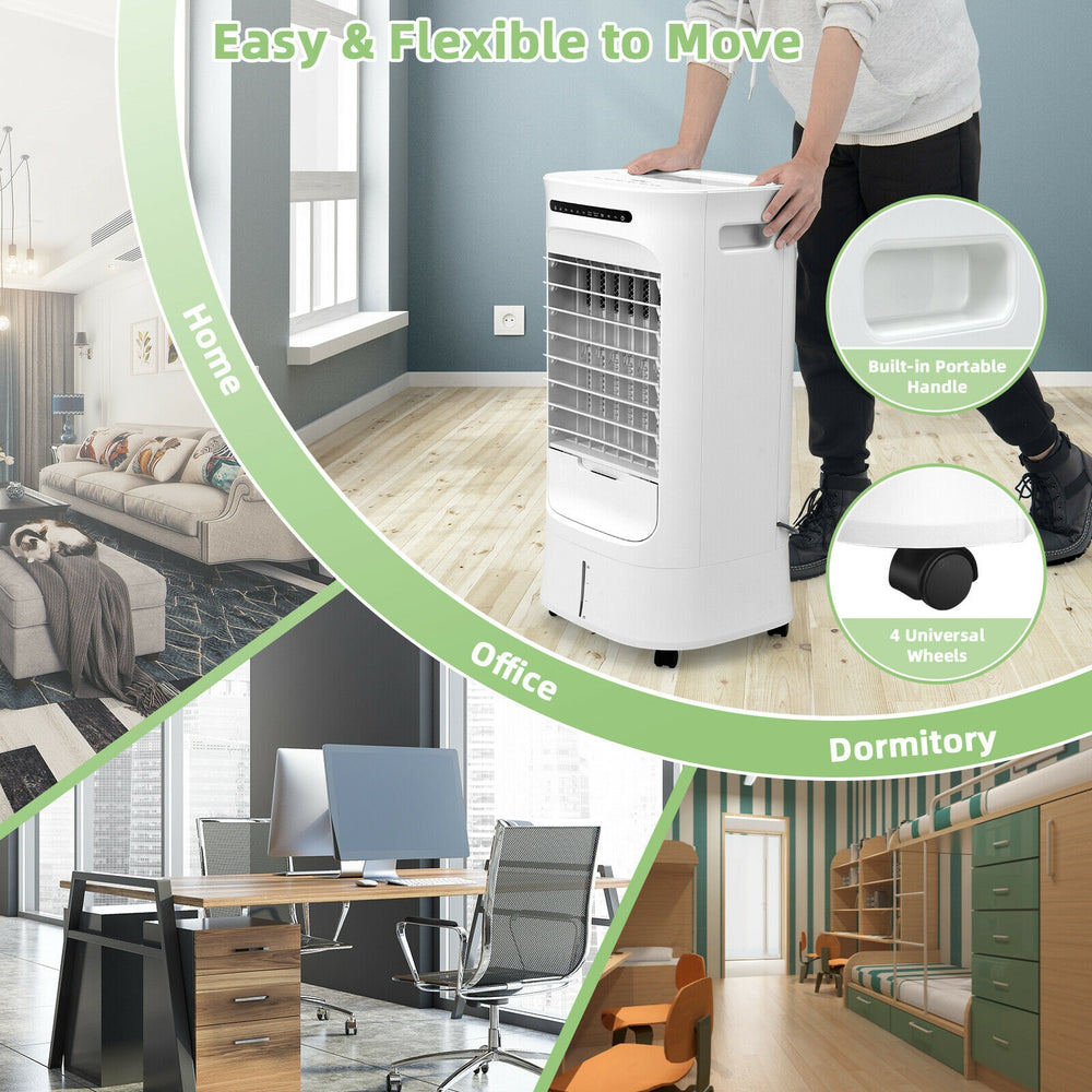 4-in-1 portable evaporative air cooler in white with wheels, timer, and adjustable modes for home, office, or dorm use.