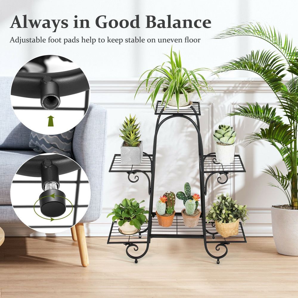 6-tier black plant stand with adjustable foot pads for stability, showcasing plants in an elegant design for indoor or.