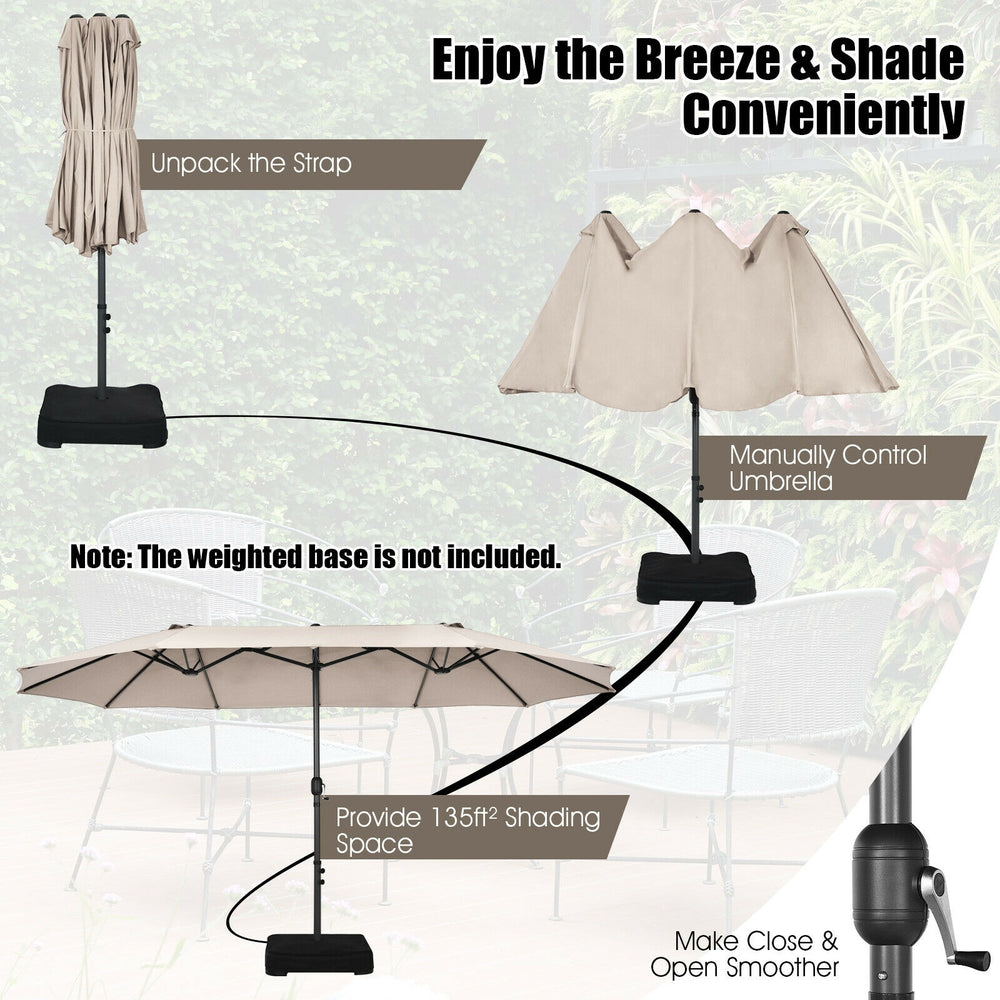 Double-sided 15 feet patio umbrella in beige with hand-crank system, ideal for large shading in outdoor spaces.
