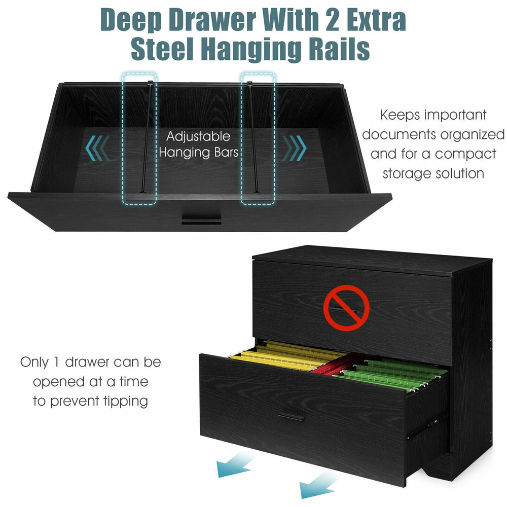 Deep drawer of a black 2-drawer lateral file cabinet with adjustable hanging bars for organized document storage.